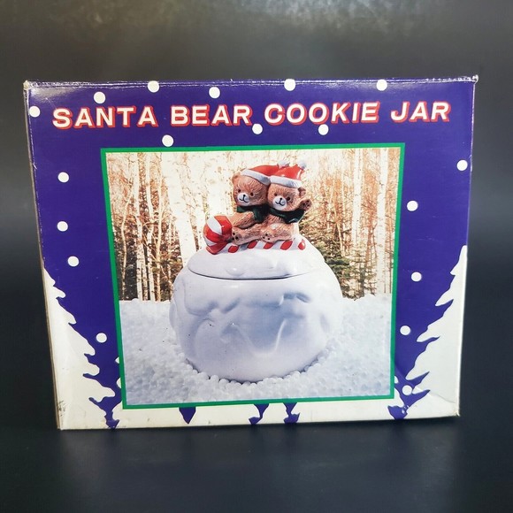 Vtg Santa Bear Cookie Jar Teddies Riding Candy Cane Sleigh Sled on Snowball NOS - Picture 5 of 9